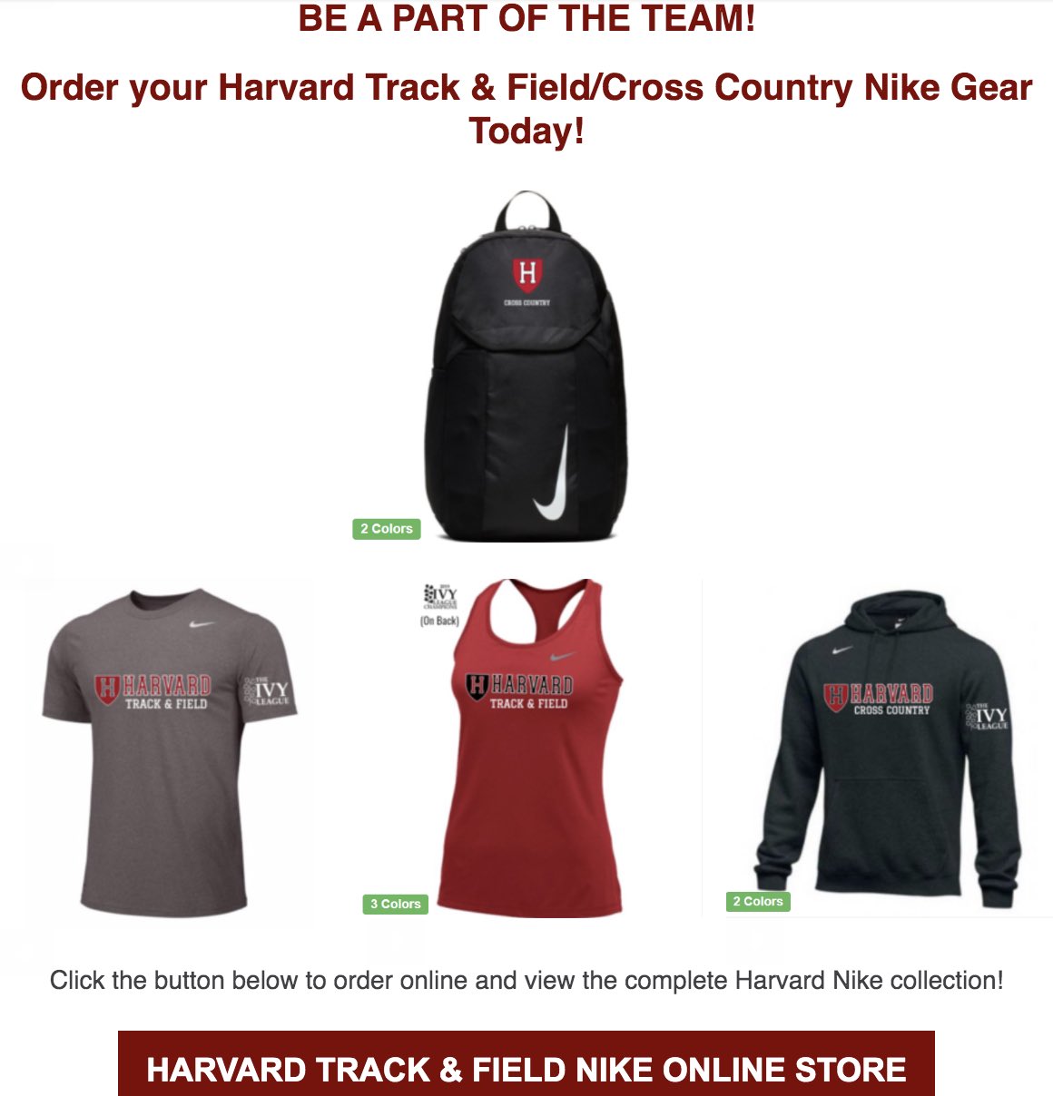terciopelo Aleta Repegar Harvard T&F | XC on Twitter: "The Nike Team Store for Harvard T&amp;F/XC is  now live! Get your official gear and show your Crimson pride. Link to the  team store is in