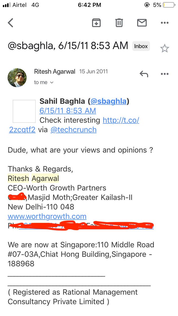 vikasris's tweet image. &amp;amp; the following email convo about the TechCrunch article tcrn.ch/iu9HeU led to the creation of @Oravel later pivoted to @oyorooms - $10 billion startup. #BigThingsStartSmall  @riteshagar 🚀