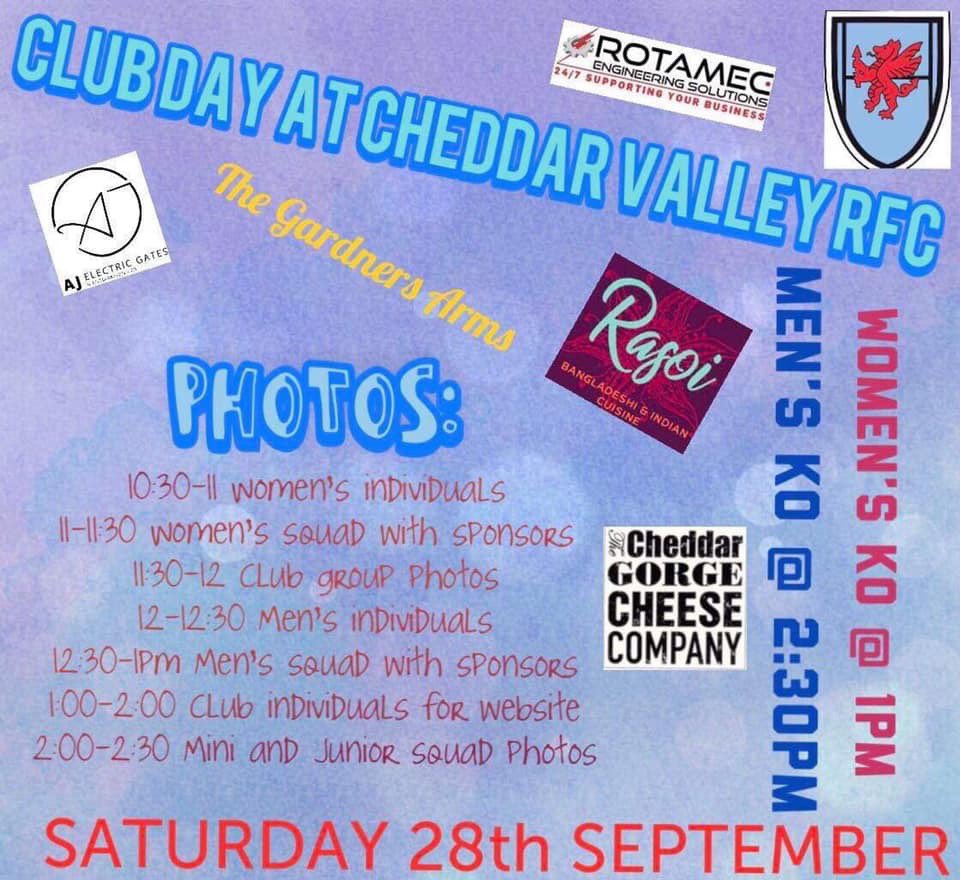 Club / Sponsors Day - Saturday 28th September: Cheddar Ladies vs Ashley Down Ladies KO 1pm followed by Cheddar Men’s 1st team vs Taunton 2s KO 3pm. Come along grab a cider from the Marquee and support the club, #OneClub #CheeseArmy #CheddarGriffins