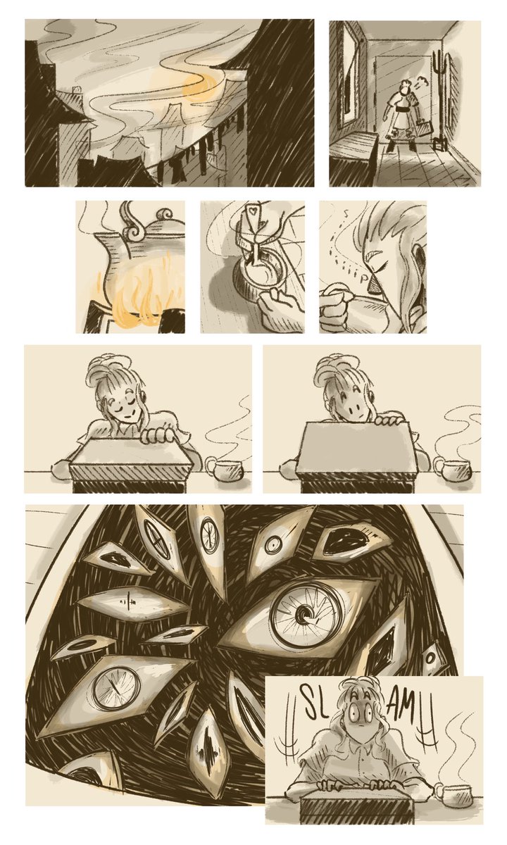 sasharnie's tweet photo. School’s been busy, but here’s one of my assignments from Sequential Illustration. Gotta love steampunk and eldritch horror. | #comic #wordlesscomic #illustration https://t.co/6VEWTUMjA1
