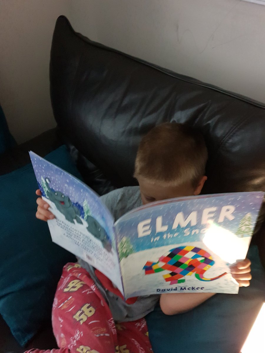 Two #readingchallenges in one. This time Lucas was reading his favourite #book Elmer In The snow by his favourite #author #DavidMckee he loves his #Elmer collection 🐘💙🐘💙 @Mayflower_MCA @evevollansMCA @DavidSammels @_Reading_Rocks_ #mayflowermakesreadingrock
