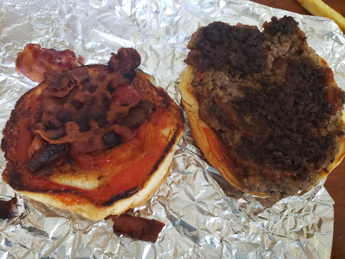 ryanwalker's tweet photo. @FiveGuys $42 and all 4 burgers are burnt black including the bacon! Not wasting my time driving back again... #disappointed https://t.co/CR28HRqZx2