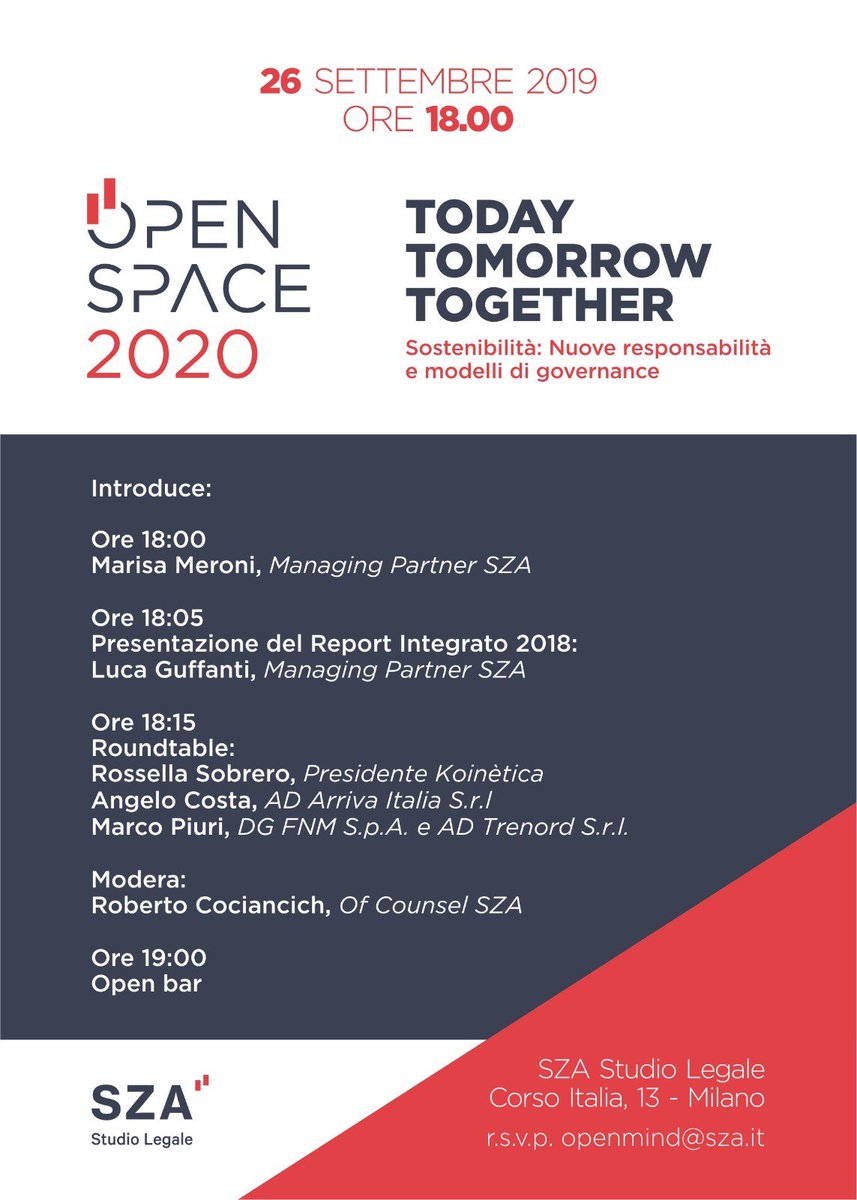 26 settembre 2019 - ore 18 
SZA Studio Legale presenta il proprio report integrato con <a href="/MIXURA_web/">Mixura</a> 
Interverranno @RossellaSobrero Angelo Costa e Marco Piuri
#integratedreport #csr #Sustainability #reporting