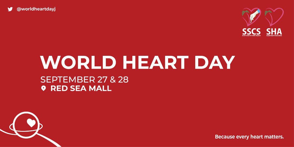 WorldHeartDayJ's tweet photo. Come join us on the 27th and 28th of September at Red Sea Mall for the celebration of the Wolrd Heart Day! 

#WorldHeartDay #worldheartdayjed https://t.co/E9gAsHLXIF