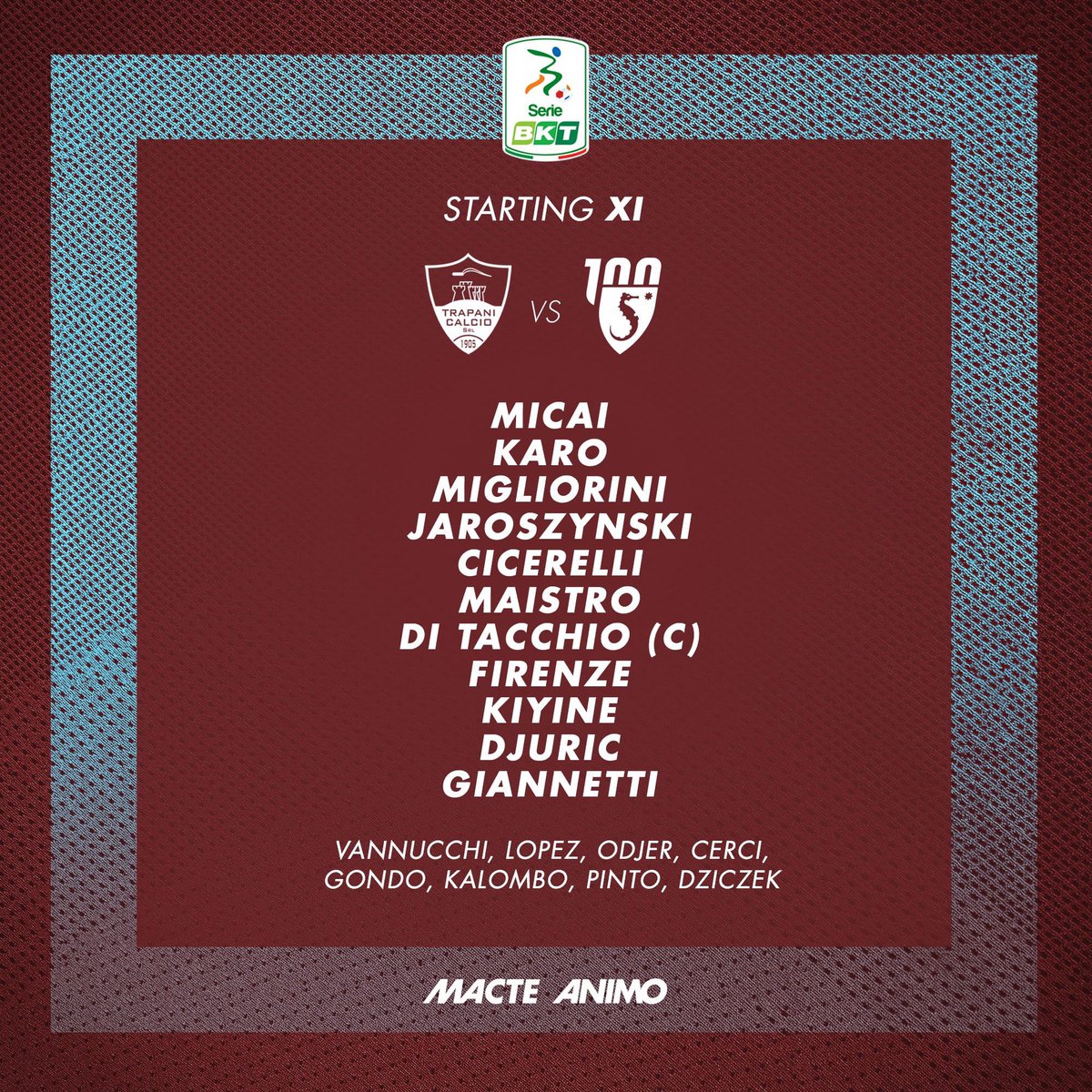 OfficialUSS1919's tweet photo. Trapani - Salernitana, starting XI 👇
#TRASAL #forzagranata! #macteanimo https://t.co/JUPYIWTpFy