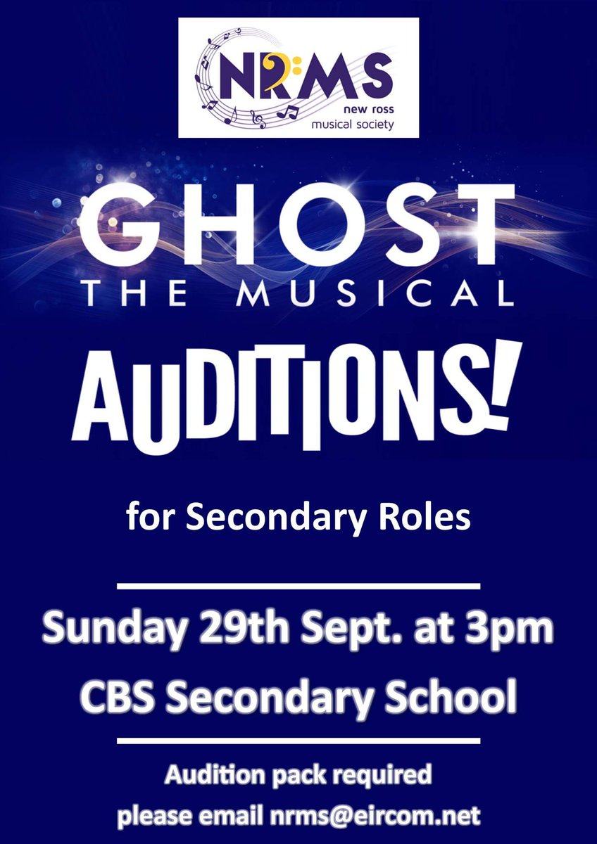 ***AUDITIONS FOR SECONDARY ROLES***

Please express your interest by emailing nrms@eircom.net and stating what role you are interested in.

Anyone that has already been in contact, since the earlier auditions, will be contacted shortly. 

Hope to see you all there. 😀