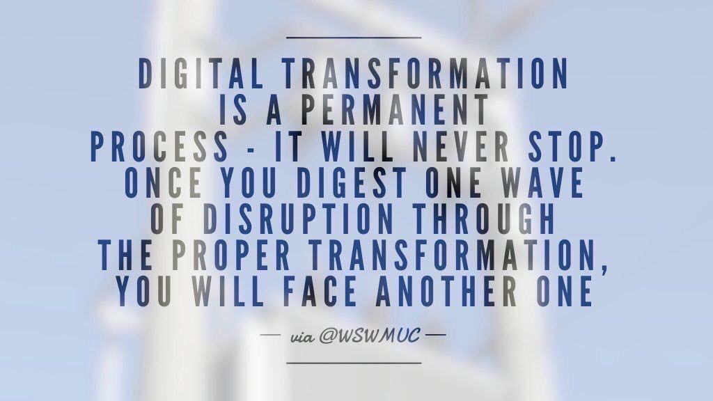 Digital Transformation isn’t a one-time event you can temporarily hire people for - #DigitalTransformation is a permanent process - it will never stop!
One wave of disruption will be followed by another one...

#disruption #mindset #skills #leadership #digitalliteracy 
<a href="/wswmuc/">Wilko S. Wolters</a>