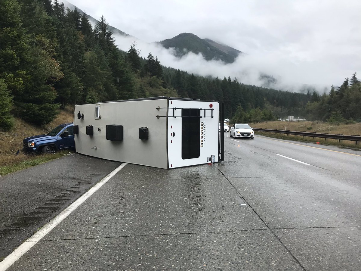 wspd2pio's tweet image. #TrafficAlert WB I-90 at MP42. A camper trailer rolled and is blocking the two right lanes. No other vehicles involved and no injuries. One lane getting by so #UseCaution through the area.  JA