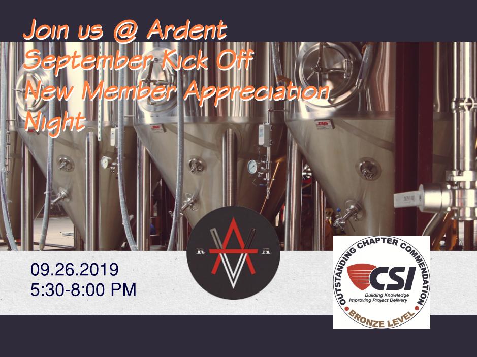 Join us for New Member Appreciation Night
09.26.2019    5:30-8:00 PM
Ardent Craft Ales - 3200 West Leigh St.  RVA 23230
click csirichmond.org/meet-reg1.php?… #RSVP. #nocost 
Welcome new members who joined our CSI chapter during 2019.  #Network