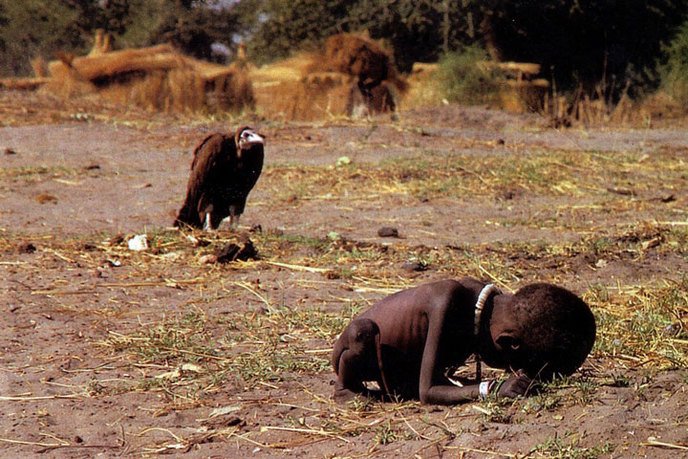 5- Avec cette photo définitivement choc, qui met en scène un enfant africain la peau sur les os, touché par la famine, entouré par un vautour guettant sa fin proche pour se nourrir de sa maigre carcasse, le photographe Kevin Carter a décroché le prix Pullitzer.