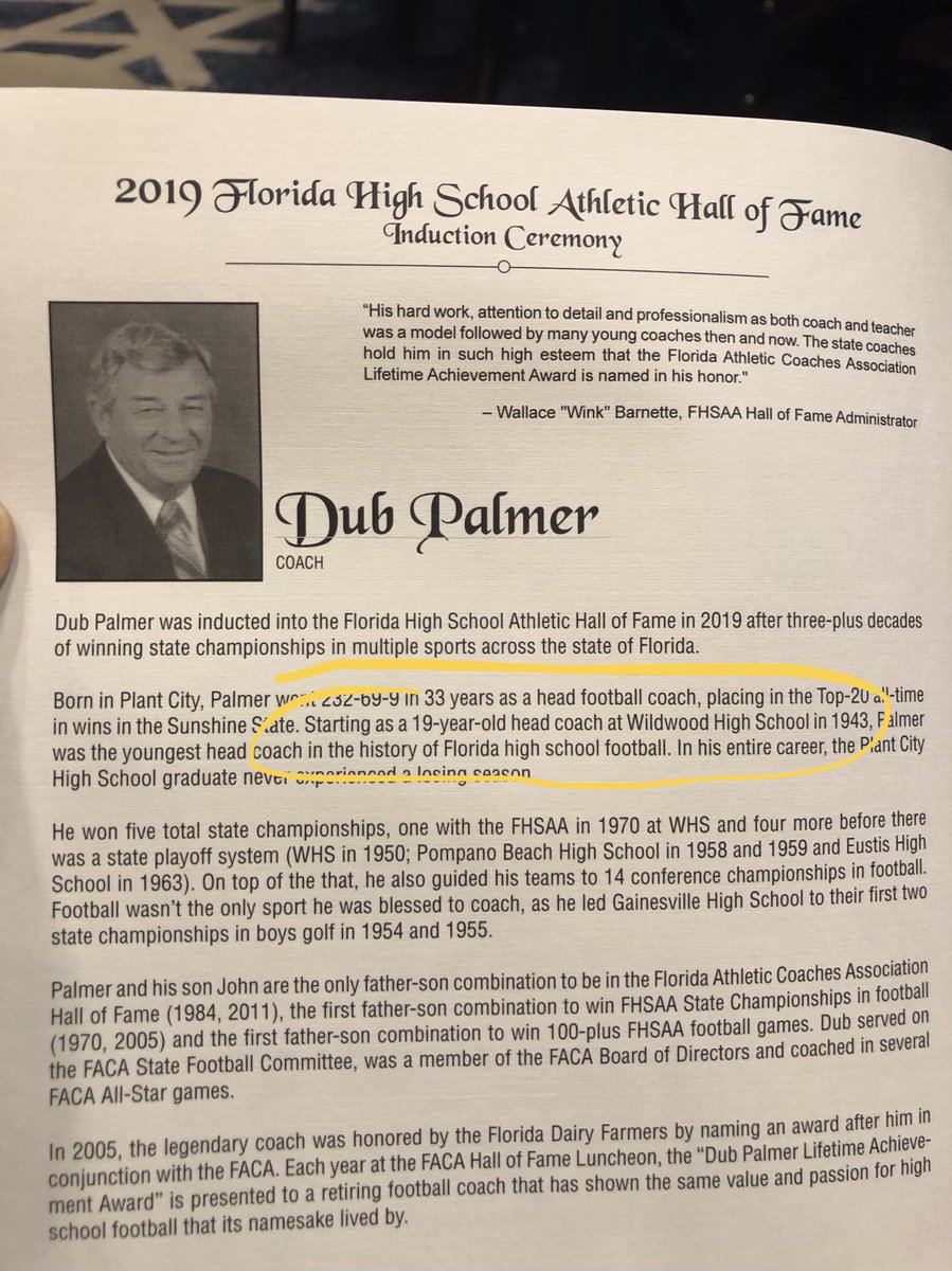 Dub Palmer began coaching high school football at the age of 19.....Nine. TEEN. Wow!!