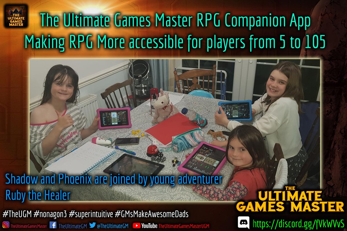 TheUltimateGM's tweet photo. Five year old Ruby the Healer joins the #Adventure.
The #superintuitive interface of #TheUGM makes #RPG more accessible for everyone!
#GMsMakeAwesomeDads #Discord - https://t.co/l9Y0GP3iXq #UGM #dnd #ILMA #pathfinder #indiedev #Roleplay #ttrpg https://t.co/QWnU4paDEU https://t.co/dl0fHjJEAF