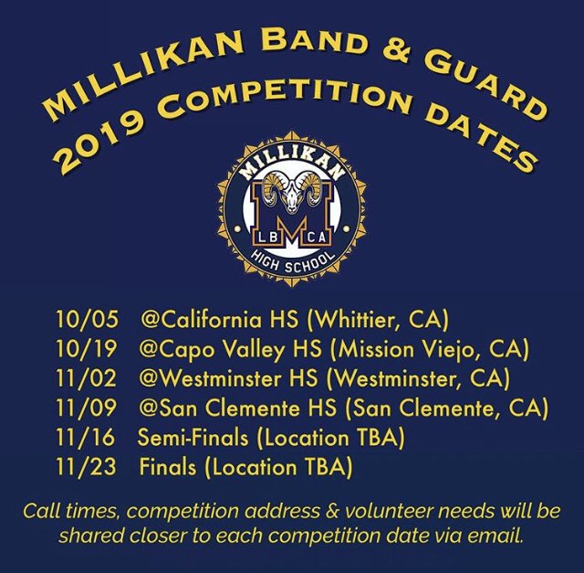 MillikanMusic's tweet photo. If you are unable to volunteer, please come to the competition, wear your #Millikan spiritwear and CHEER for our students!!! We appreciate everyone’s support!!! 💙💛 #millikanRAMS https://t.co/3nwnIEhCFO