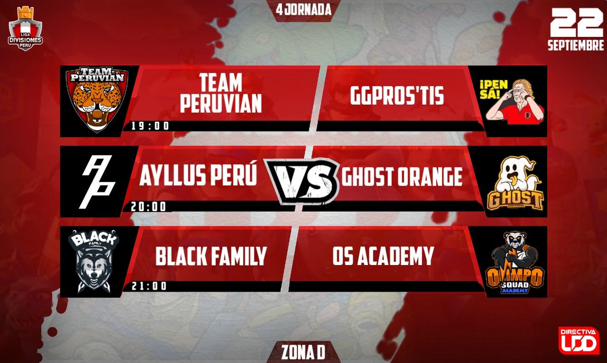#GAMEDAY | ZONA D ⚔️

🛑 JORNADA 4

<a href="/peruvian_team/">TEAM PERUVIAN</a> 🆚 <a href="/ggFamily7/">ggPros'tis™️</a>
🏁 Árbitro: @AndreMo52049029

<a href="/AyllusPeru_Cr/">Ayllus Perú</a> 🆚 <a href="/GhostOrange1/">Ghost Orange</a>
🏁 Árbitro: @DarkfireCRVe

<a href="/BlackFamilyCR/">Black Family</a> 🆚 <a href="/OSAcademy_CR/">Olimpo Squad Academy⚡️</a>
🏁 Árbitro: @JaiRonald1312

DESCANSA: <a href="/DesTroyerTeamCR/">DESTROYER - eSportS #YOmeQUEDOenCasa</a>
 
#LDD_PERÚ 🇵🇪