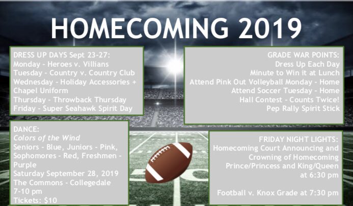SBA_theflock's tweet photo. It’s HOCO WEEK!! I hope you’re all excited and ready to have an awesome week! Get your info for the game, dance, and spirit week below! #hawksontop https://t.co/RyNaMV1bie