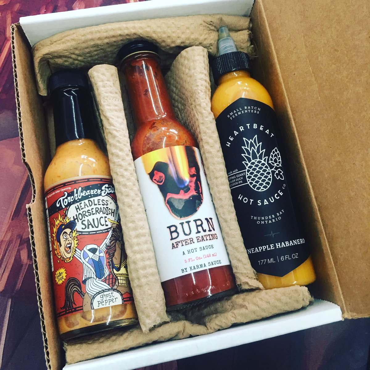 This month’ @heatonist box is off the charts!! Video coming soon!! @torchbearersauces @karmasauce @heartbeat_hotsauce #hotsaucelife #hotsauce #hot #hotsaucelover #hotsauceaddict