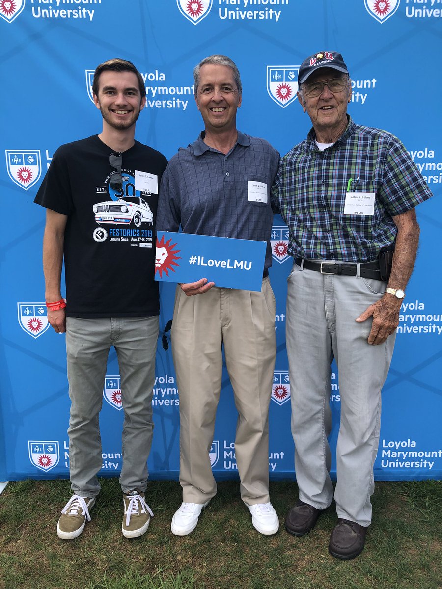 LoyolaMarymount's tweet photo. Three generations of Lions 🦁🦁🦁! Welcome to #LMUAlumniWeekend BBQ, John H. Lehne ‘58, John M. Lehne ‘83, and John T. Lehne ‘21! https://t.co/zq0oY9zXDz