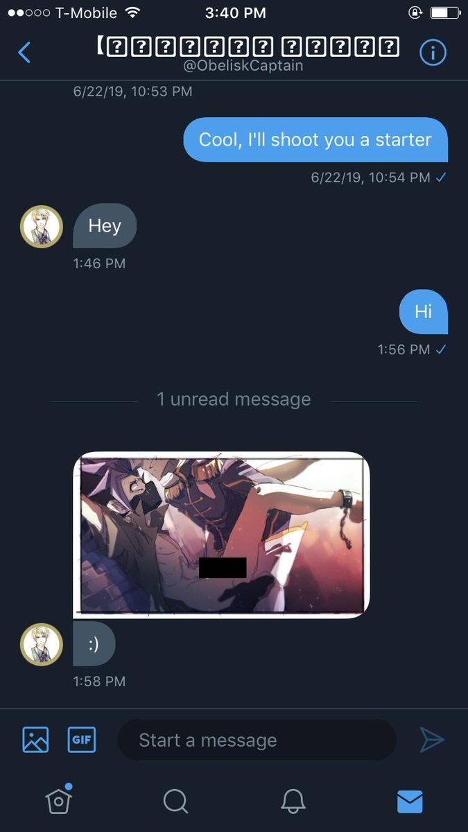 yuutopic's tweet photo. //As well, I'd like to more specifically say that @obeliskcaptain randomly sent me porn without my permission or consent.  My bio says SFW. https://t.co/qf3aFJXHL4