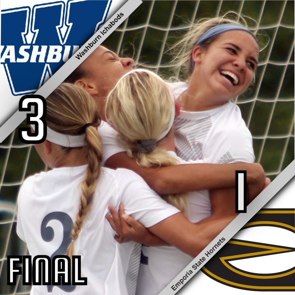 FINAL | Washburn defeats Emporia, 3-1! Grasso had two goals and an assist and Ledesma also netted a goal. Wells made six saves. #GoBods