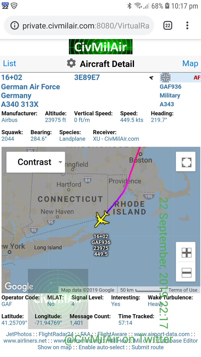 CivMilAir's tweet photo. Wow! Made it with no tech diversion...
#MerkelForceOne descending for JFK
π©πͺ German AF A343 GAF936 https://t.co/clf3PslYjf