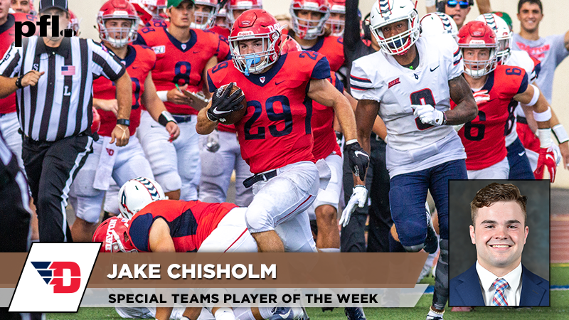 pioneerftbl's tweet photo. #PFL19 Special Teams Player of the Week: @DaytonFootball's Jake Chisholm. Had a 97-yard kick return for a touchdown and 137 yards total on kick returns against Duquesne. https://t.co/dRCj6tu0UB
