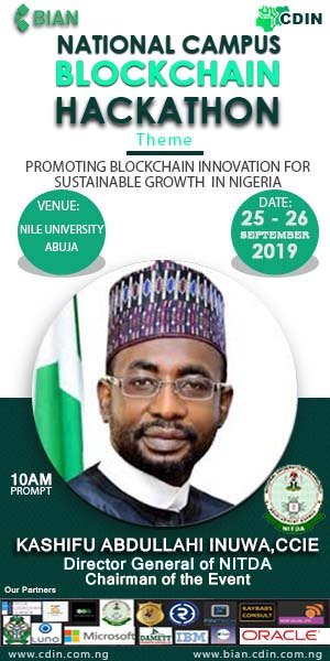 BlockchainNGR's tweet photo. The Director General of National Information Technology Development Agency (NITDA) @nitdanigeria will be chairing the National Blockchain Hackathon event at the Nile University, Abuja on the 26th of September, 2019.
#CDIN
#CampusHackathon
#BlockchainNGR https://t.co/7lToJKBVkL