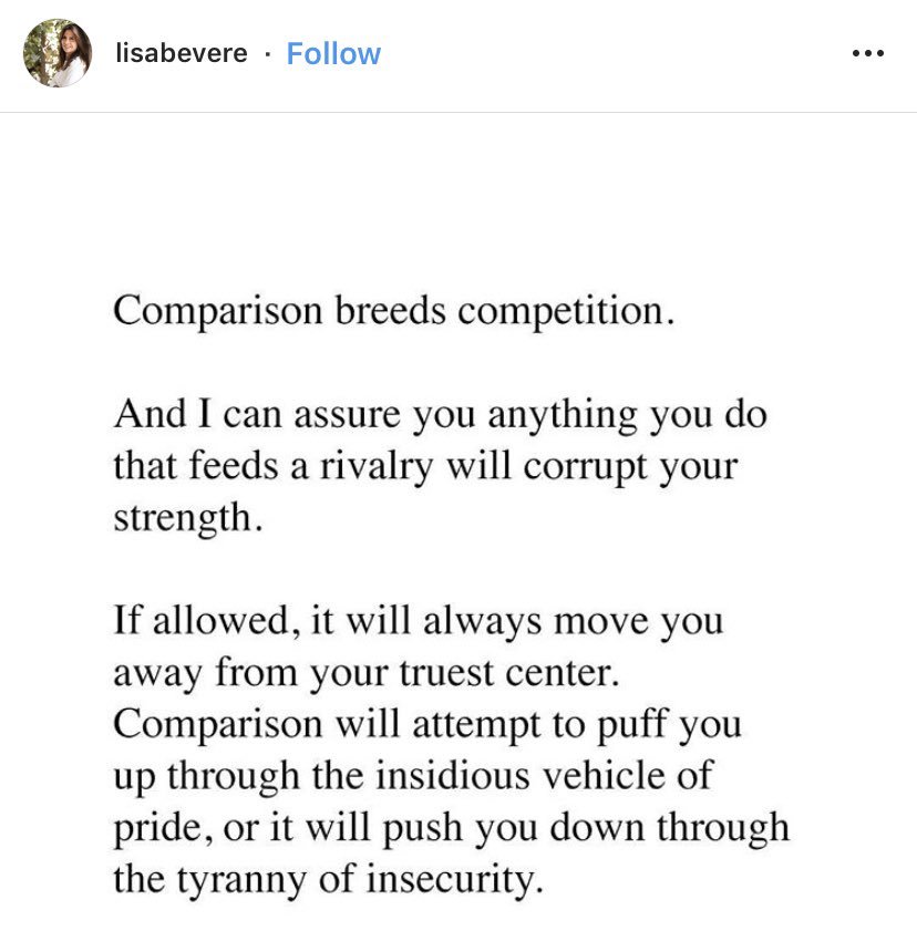something I’ve been facing lately is comparison... especially in these days with a lot of amazing artists blowing up and making big moves, it’s so important to set your eyes straight on your art and not let the success of others bring you down <a href="/LisaBevere/">Lisa Bevere</a> said this perfectly