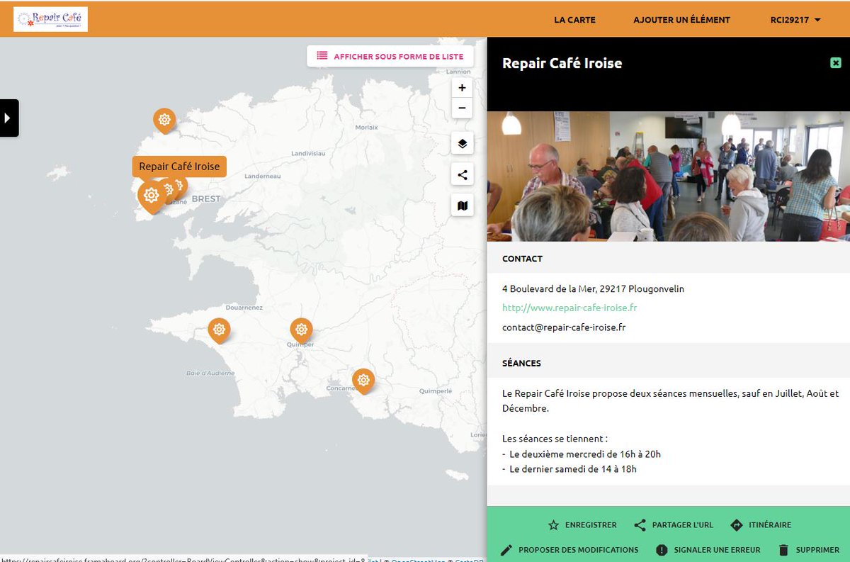 Le #RepairCaféIroise participe activement à la mise en place d'un réseau des Repair Café Finistériens.
Le recensement est en cours et une cartographie collaborative a été mise en place. rc-29.gogocarto.fr