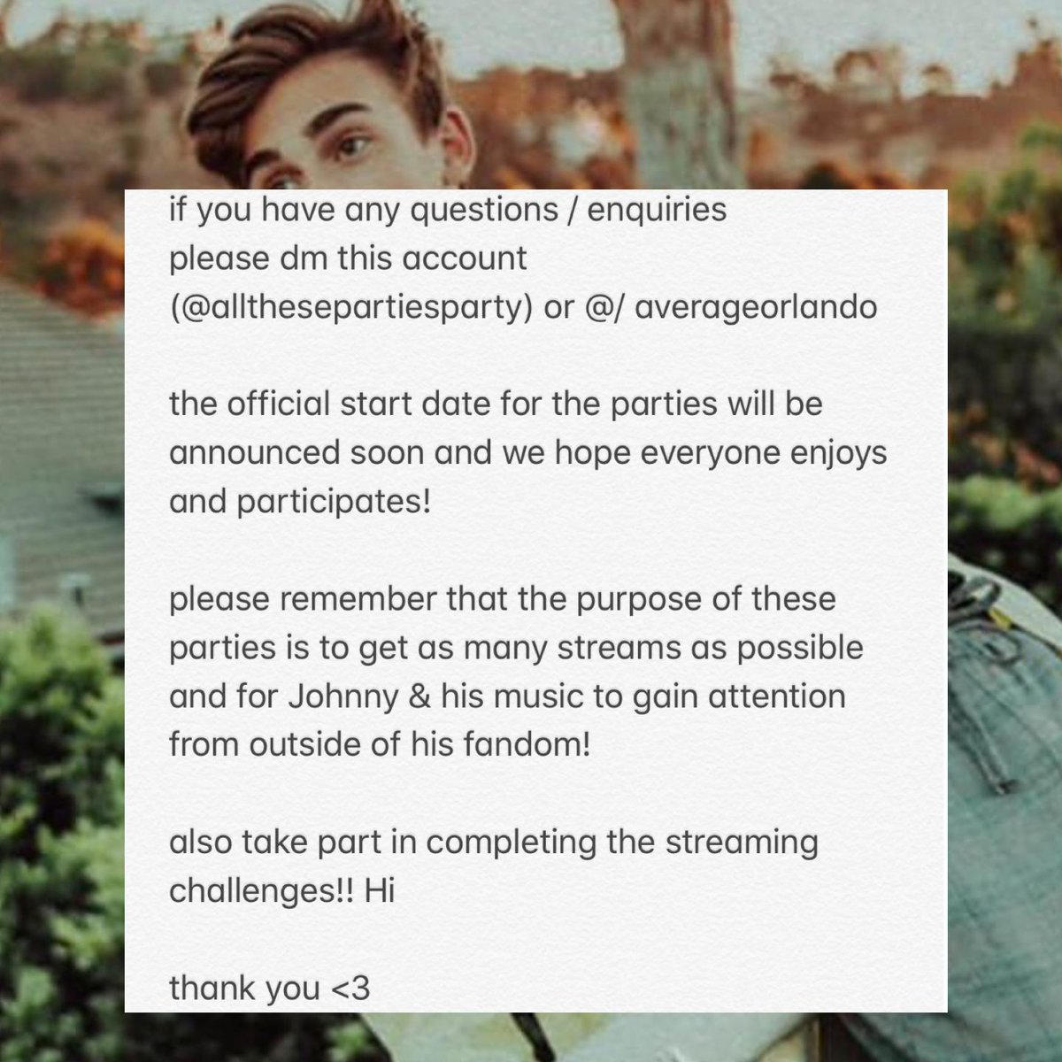 hi! we’re hosting an event on insta if anyone wants to join! follow @/ allthesepartiesparty on insta for more info! <a href="/johnnyorlando/">Johnny Orlando</a> <a href="/TheJohnnyHQ/">Johnny HQ - is a young lover</a>