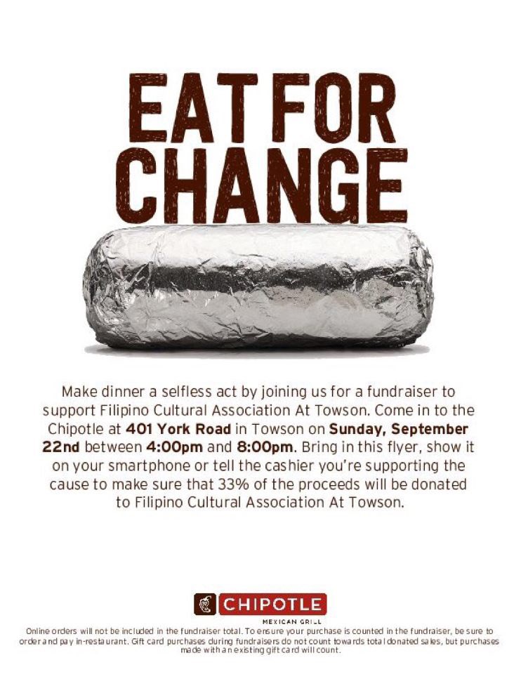 FCATowson's tweet photo. Love chipotle? Wanna support FCAT? Come through to our fundraiser happening RIGHT NOW UNTIL 8 PM at the Chipotle located in Uptown!! https://t.co/w37s7dlUP1