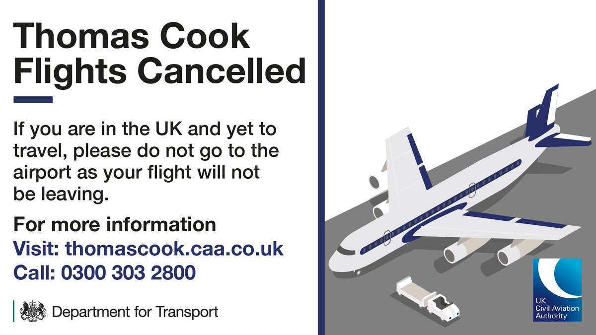 transportgovuk's tweet photo. If you have a trip booked with #ThomasCook, visit the dedicated @UK_CAA website here: https://t.co/1amSKPaxuN https://t.co/i1GK27j5nB