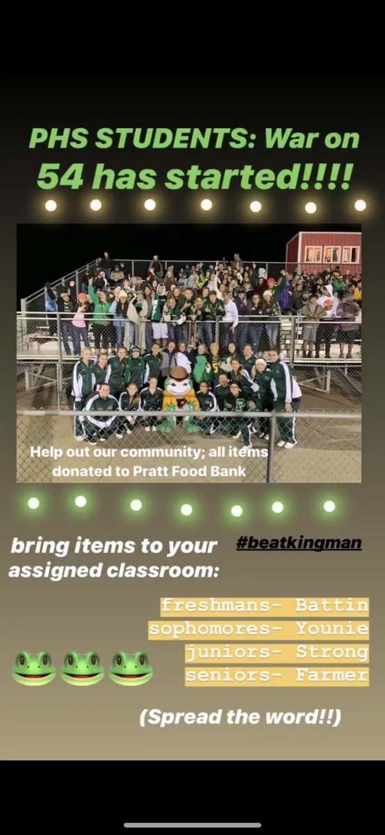 PrattStuCo's tweet photo. We still have 2 more weeks to collect cans for WAR ON 54!!!!!!!! Students bring cans to your assigned classroom!!! GO GREENBACKS🐸💛💚 #beatkingman https://t.co/YK6hLLClzo