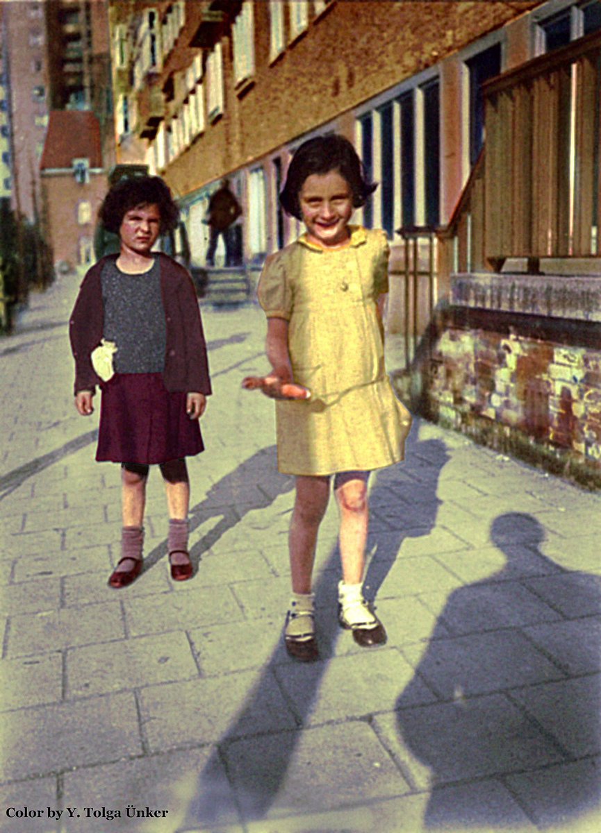 SalomonSoup's tweet photo. Precious photo of Anne Frank and her friend Sanne Ledermann in Merwedeplein, Amsterdam, 1935. 
Colourised by Yusuf Tolga Unker. https://t.co/RZuvpslYpX