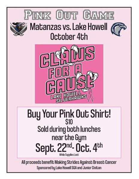 Pink out shirt sales start tomorrow in front of the gym for $10!! #lhhssga #lakehowellhighschool #2021lhhs