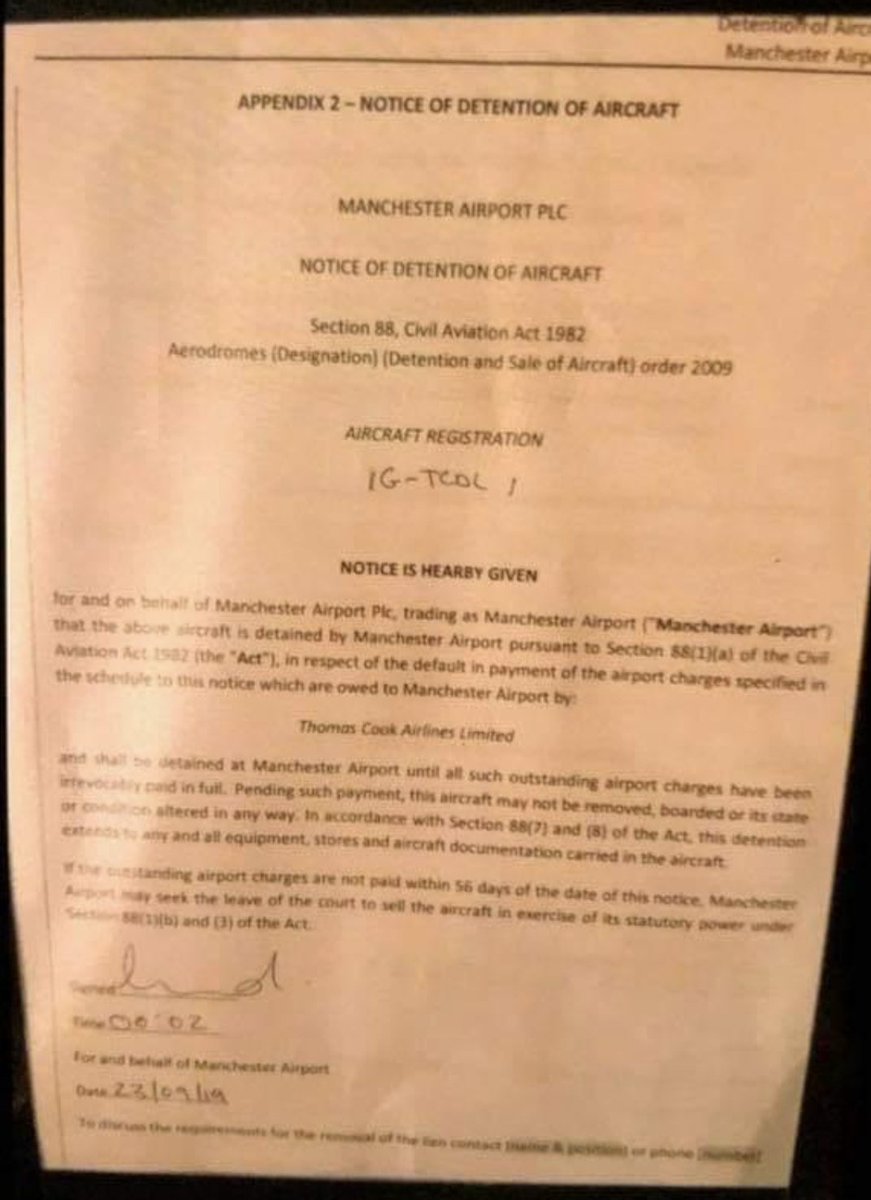 SeamusjKearney's tweet photo. A sad end for @ThomasCookUK.  Their aircraft being detained now for default of airport charges.  Hopefully those in air can continue journey.  Thousands of jobs potentially lost &amp; thousands of holiday plans ruined.  While not solely to blame, Brexit uncertainly major contributor. https://t.co/wTPSY7FRhs