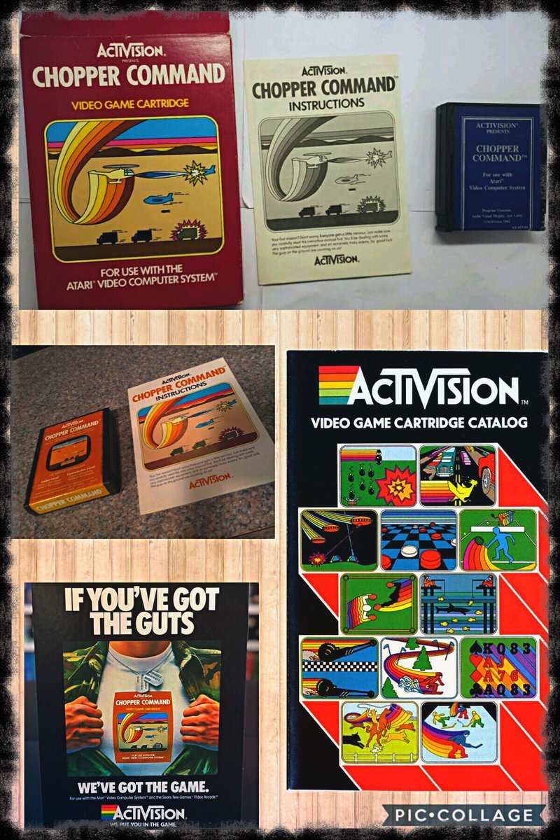 CardiacDrop's tweet image. For #AtariAppreciation tonight is #ChopperCommand from Activision... This side-scrolling shooter resembles Defender and is very challenging in which your chopper must defend the caravans of trucks from enemy forces. I have the red box, blue label rarer late release as well. 🚁 💨