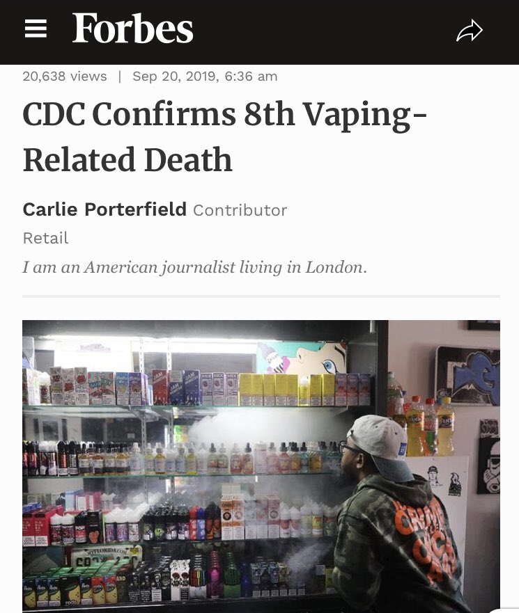 weoncologists's tweet image. Reported by @Forbes  ⚠️The eighth U.S 🇺🇸death linked with #vaping related lung disease was announced on Thursday, as the total number#️⃣ of probable cases rose 📈to more than 500‼️ #VapingBan #VapingIsBad . google.se/amp/s/www.forb…