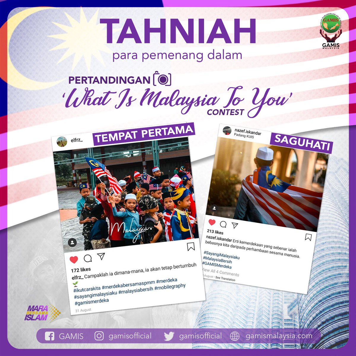 Tahniah kepada para pemenang dalam pertandingan What Is Malaysia To You!

#GAMISMerdeka
#SayangiMalaysiaKu
#MalaysiaBersih