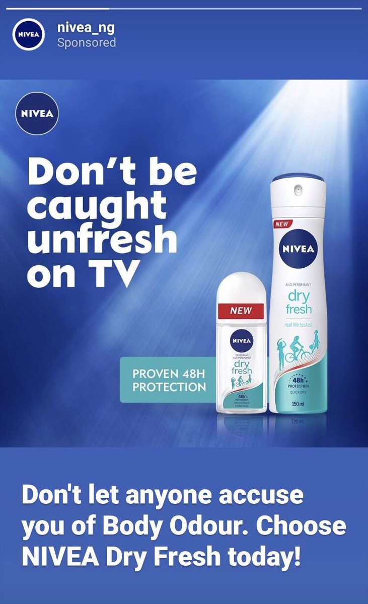 instablogalert's tweet photo. Nivea_ng said don’t be caught unfresh on TV and don’t let anyone accuse you of body odour, chai could it be Nivea is talking to Tacha  due her .....  
#bbnaija #tacha #BBNajia2019 #BBNaijaPepperDem #MondayMorning #monday https://t.co/DbuIPJekyV