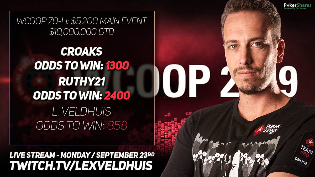 pokershares's tweet photo. The legendary @croakspkr and @RuthAnnKw are up on @pokershares . Bet on them winning the @PokerStars #WCOOP $5,200 Main Event here: https://t.co/8LKbItevJw

PS. can bet on @LexVeldhuis too 🤓 https://t.co/sGvALofdOl