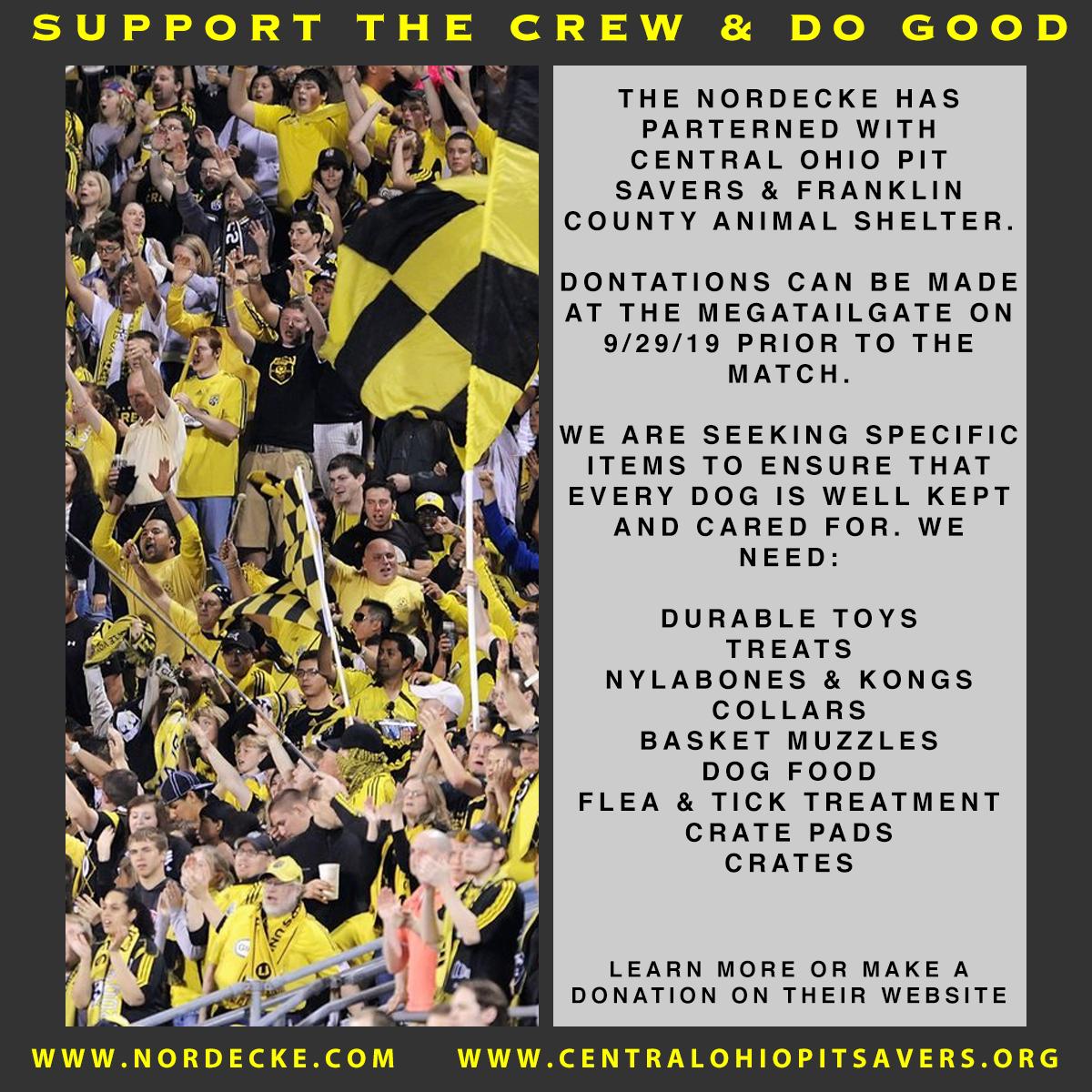 Nordecke's tweet photo. The #Nordecke has partnered with Central Ohio Pit Savers to ensure that every dog is cared for.  You can donate goods to aid in this mission on 9/29 at the Megtailgate prior to the #Crew96 match. 

See the attached list to learn what items we need the most! https://t.co/P4YoeQByO0