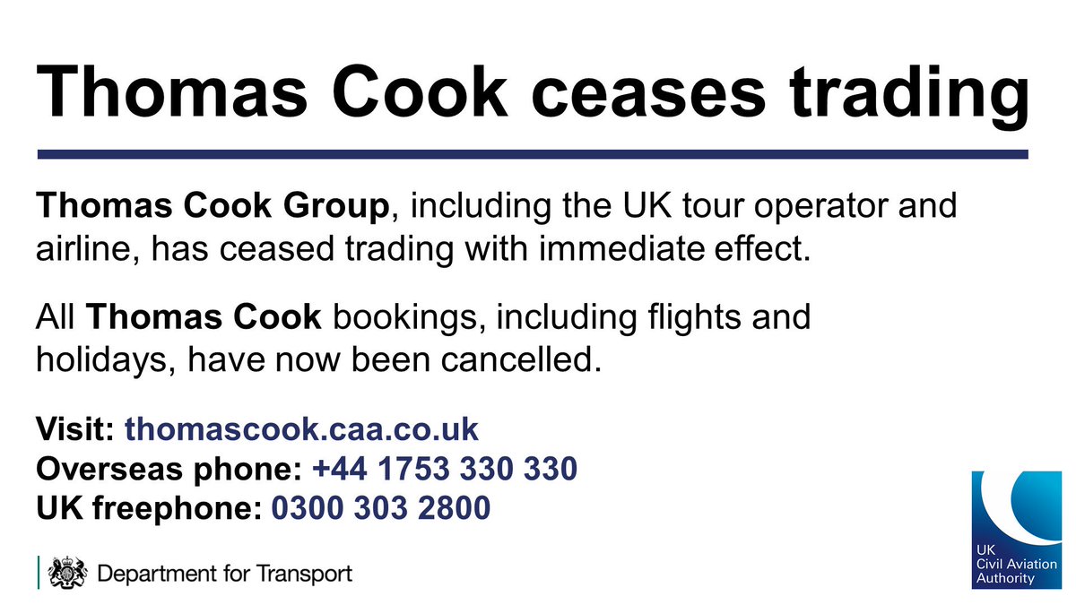 We are sorry to announce that Thomas Cook has ceased trading with immediate effect.
This account will not be monitored.
Please visit https://t.co/l49jWSqwEI for further advice and information.
#ThomasCook https://t.co/PCbfYWrVLq