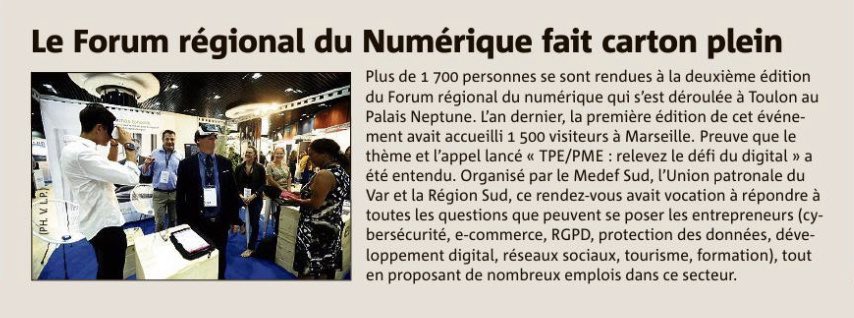 Balazuc2's tweet photo. Forum du numérique à Toulon 
Une réussite !!! 👏
Avec l’#UPV , le #MedefSud et #MedefVar.
Var matin du 23/09/2019 https://t.co/xqA1HW2eSR