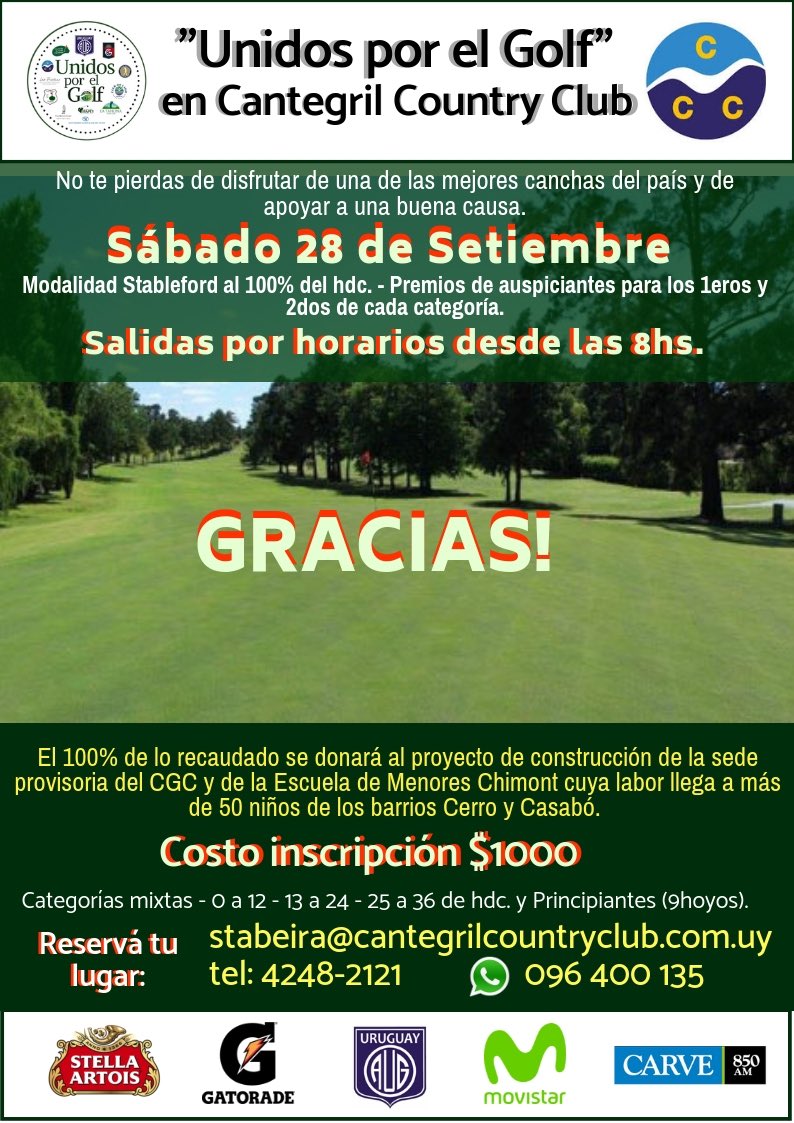 Estimados amigos:

El sábado 28 de setiembre se disputará una nueva fecha del circuito "Unidos por el Golf" en Cantegril Country Club de Punta del Este.
Los esperamos!