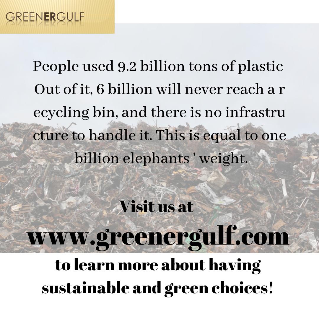 People used 9.2B tons of plastic

Out of it, 6 billion will never reach a recycling bin, & there is no infrastructure to handle it. This is equal to 1B elephants' weight.

Visit us at greenergulf.com to learn more about having #sustainable & #green choices!

#GreenerGulf