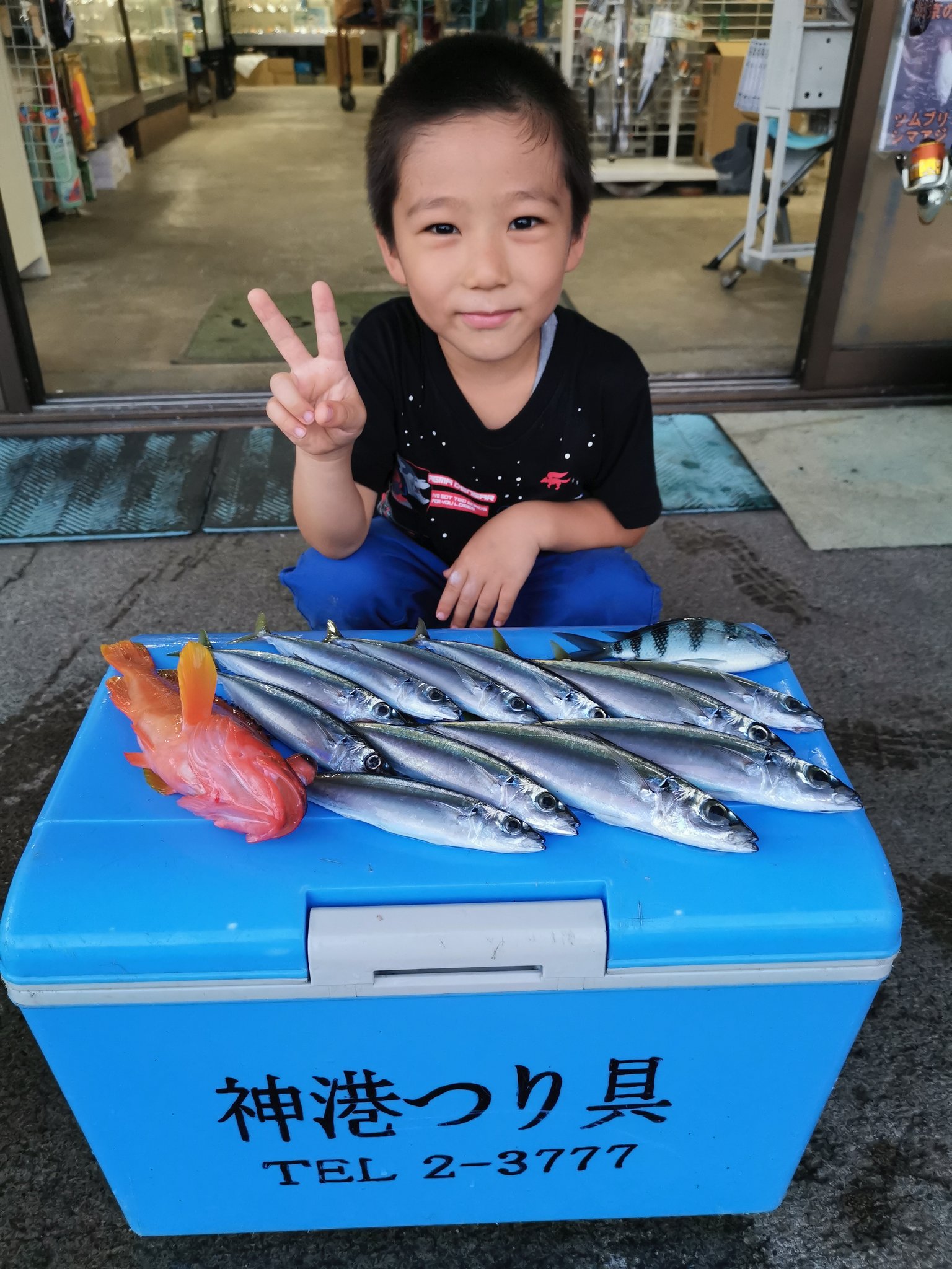 神港つり具 八丈島 東京の木下さん御一家 堤防レンタルサビキングにて 長男くんとパパさんの頑張りでご覧の釣果です まだ言葉話せない次男ちゃんにも良い体験 経験になったでしょうね 本日の宿 あしたば荘で夕飯に造ってもらう予定だそうで ご