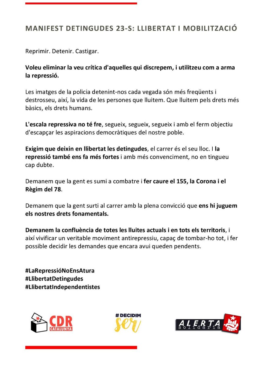 🔴 Davant la persecució policial i judicial a l'independentisme, EXIGIM la llibertat de les detingudes; el seu lloc és el carrer!

📝 MANIFEST 👇

#LaRepressióNoEnsAtura
#LlibertatDetingudes
#LlibertatIndependentistes