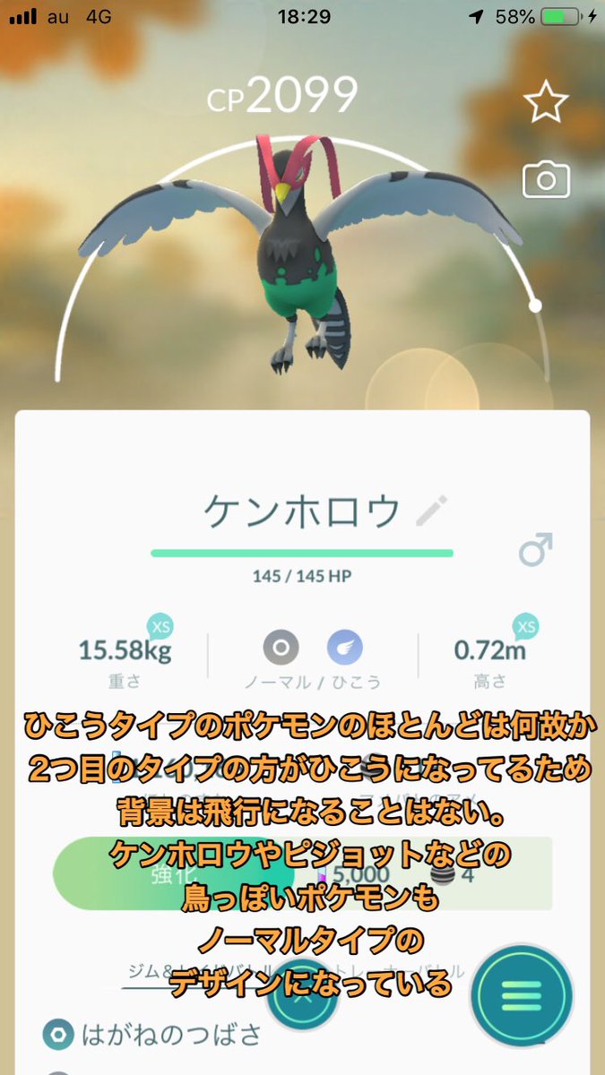 どれあむ W ポケgoどうでもいい豆知識 リリース日からポケモンの背景は1つ目のタイプに合わせたデザインになっている そのため飛行タイプのポケモンの背景は今までに出たことがなかった しかしもうすぐトルネロスが実装することによりここに来