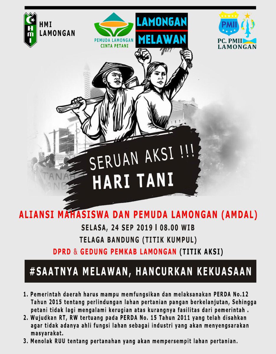 PMIIRESTART's tweet photo. Tempat : DPRD dan gedung pemkab Lamongan
Tanggal Aksi : 24 September 2019
Jam   : 08.00 - Selesai
Titik Kumpul : Telaga Bandung

Saatnya Melawan, Hancurkan kekuasaan!

#PengadilanRakyat
#MosiTidakPercaya 
#LawanOligarki 
#TolakOrbajilid2 
#LamonganMelawan
#LamongantidaklagiAman https://t.co/RfwRnld5Gk