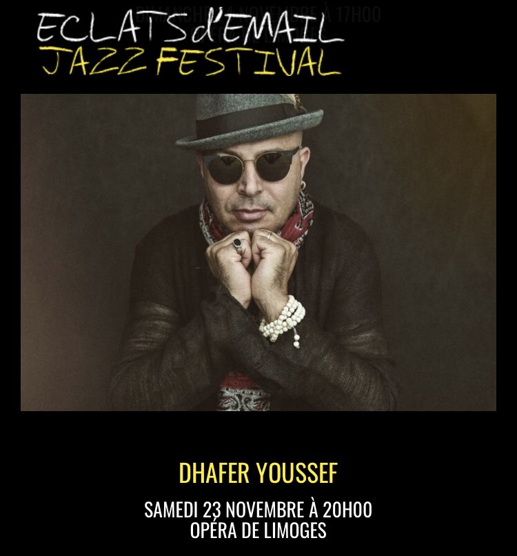 Dans 2 mois exactement, samedi 23 novembre, c’est le vocaliste et oudiste Dhafer Youssef qui sera en concert à @OperaLimoges dans le cadre du Festival Eclats d’Email Jazz 2019. <a href="/DhaferYoussef/">Dhafer Youssef</a> Vous pouvez réserver sur eclatsdemail.com #FEE2019